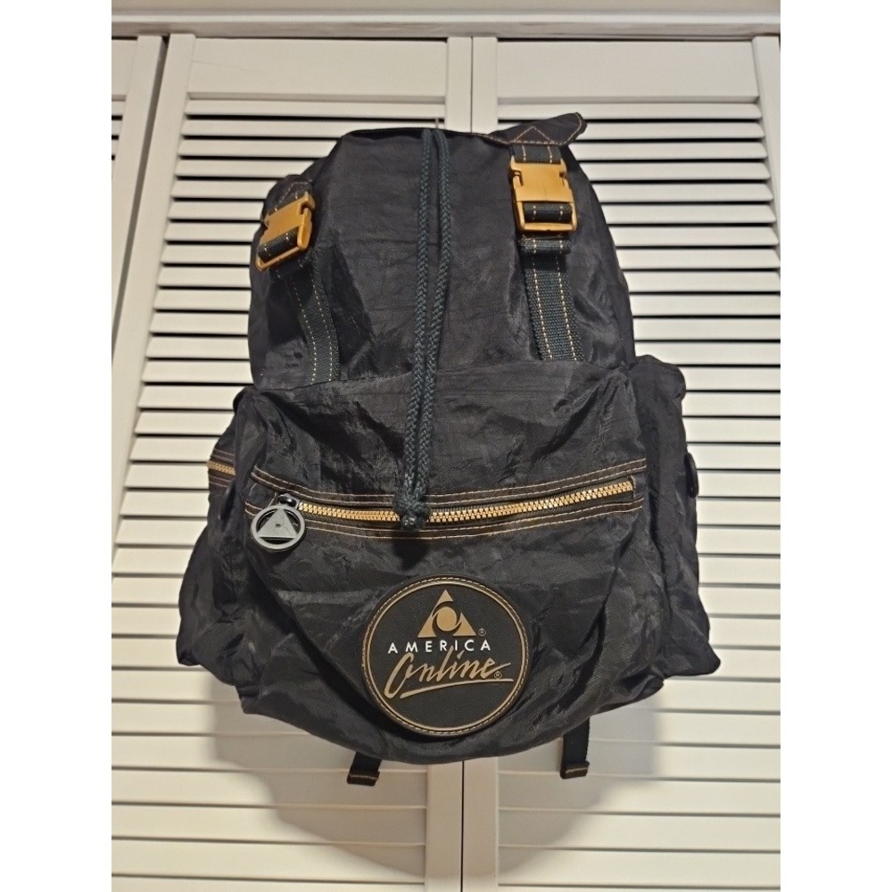 Vintage America Online AOL Backpack Black Nylon Rucksack 90s Retro Tech Promo
